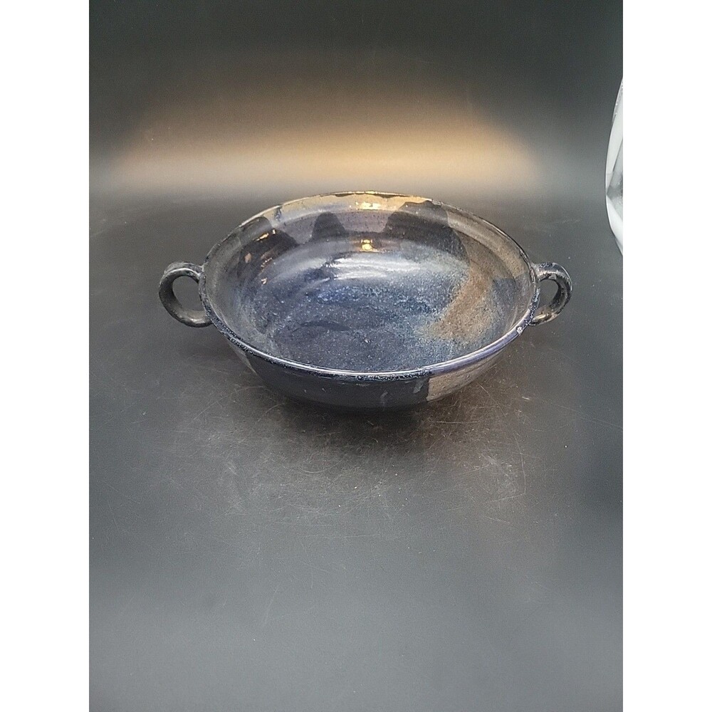 Large 9" Blue And Grey Studio Art Pottery Bowl With Handles Signed DUNN